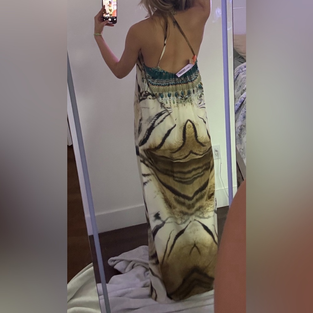 INTERMIX Camilla Printed Maxi Dress in Teal, Orange & Cream w Tiger Tribal Print - Picture 3 of 10